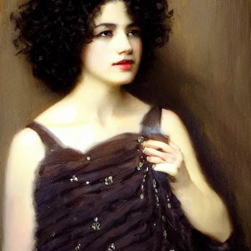 Image similar to a oil painting of a fair skin with dark curly stylised hair queen wearing dress, by frederick william elwell, by otomo highly detailed, realistic, concept art, jewels, oriental, desaturated