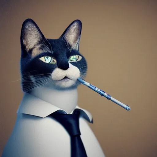 Image similar to a high quality photo of a cat wearing a suit and smoking, render, ultra realistic, cgsociety