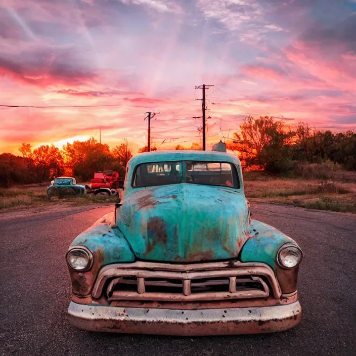 Image similar to a sunset light landscape with historical route 6 6, lots of sparkling details and sun ray ’ s, blinding backlight, smoke, volumetric lighting, colorful, octane, 3 5 mm, abandoned gas station, old rusty pickup - truck, beautiful epic colored reflections, very colorful heavenly, softlight