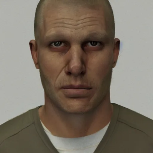 Prompt: A mugshot portrait of a middle aged man who looks like Jerma985 with a buzzcut, and wearing late 1990s menswear in the late 2000s, taken in the late 2000s, grainy, realistic, hyperrealistic, very realistic, highly detailed, very detailed, extremely detailed, detailed, trending on artstation, front facing, front view, headshot and bodyshot, detailed face, very detailed face