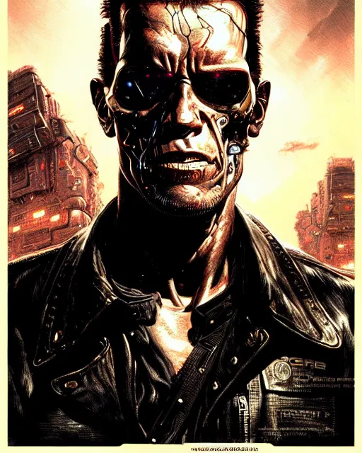 Prompt: a portrait of the terminator fantasy character portrait, ultra realistic, cinematic, concept art, wide angle, intricate details, hologram, highly detailed by greg rutkowski, aaron horkey, gaston bussiere, craig mullins, simon bisley, arthur rackham