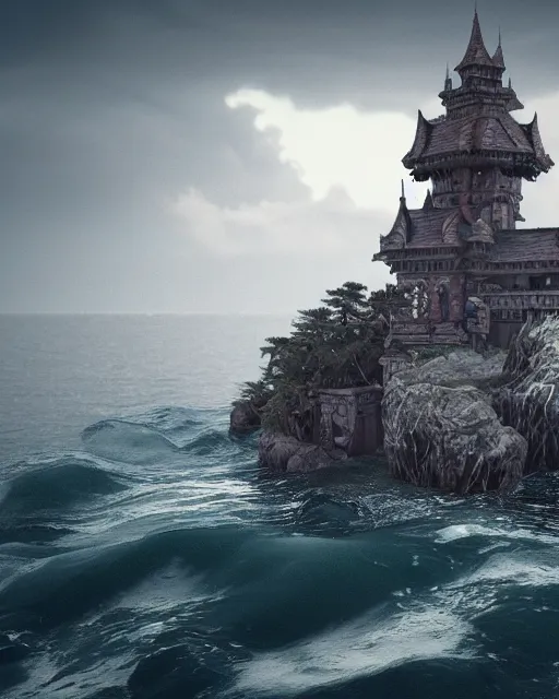 Image similar to a castle on an island. Dark stormy sea. intricate artwork by Tooth Wu and wlop and beeple. octane render, hyper realism, 8k