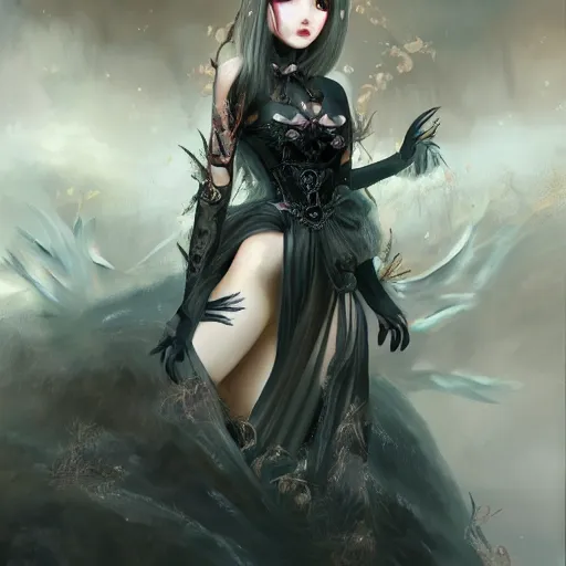 Prompt: a detailed oil painting of beautiful girl, gorgeous body, gorgeous face, cute chinese, beautiful eyes, wearing gorgeous gothic dress, character design, cinematic, mist, unreal engine, fantasy