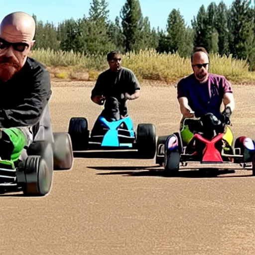 Image similar to a screencap of Walter White go-karting with Jessie Pinkman, Breaking Bad promo image