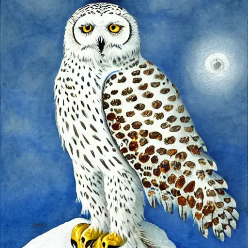 Prompt: snowy owl crossed with a snow leopard to make a gryphon, Louis William Wain watercolor,