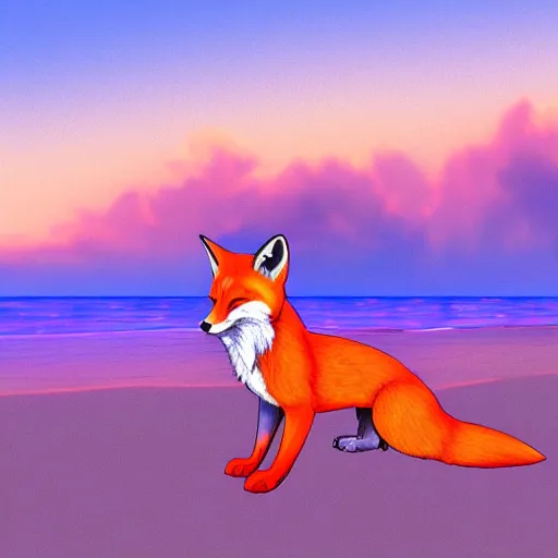 Prompt: fox chilling on the beach, photo, vaporwave, artstation