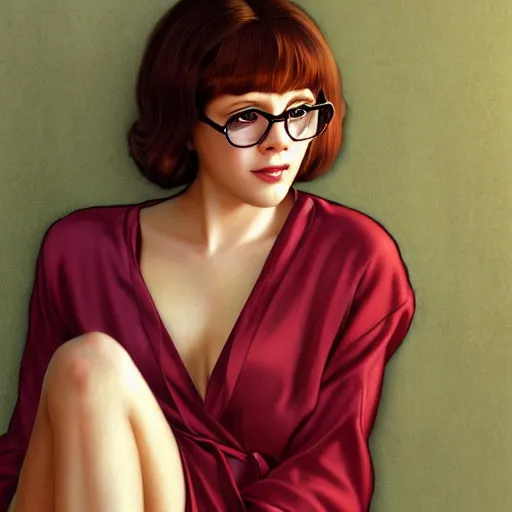 Prompt: velma dinkley with silk robe with decollete and bra | | big eyes, realistic shaded, pleasant face, fine details, realistic shaded lighting poster by greg rutkowski, artgerm, kyoto animation and alphonse mucha