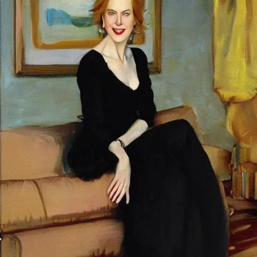 Prompt: an oil painting portrait of a young Nicole Kidman sitting on a couch, joyful, artist is John Sargent”