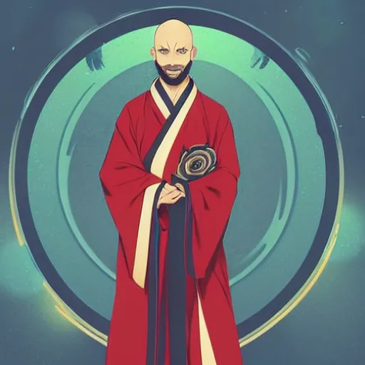 Image similar to a bald terrence boyd as a saint with halo wearing a red kimono, clean cel shaded vector art. shutterstock. behance hd by lois van baarle, artgerm, helen huang, by makoto shinkai and ilya kuvshinov, rossdraws, illustration,