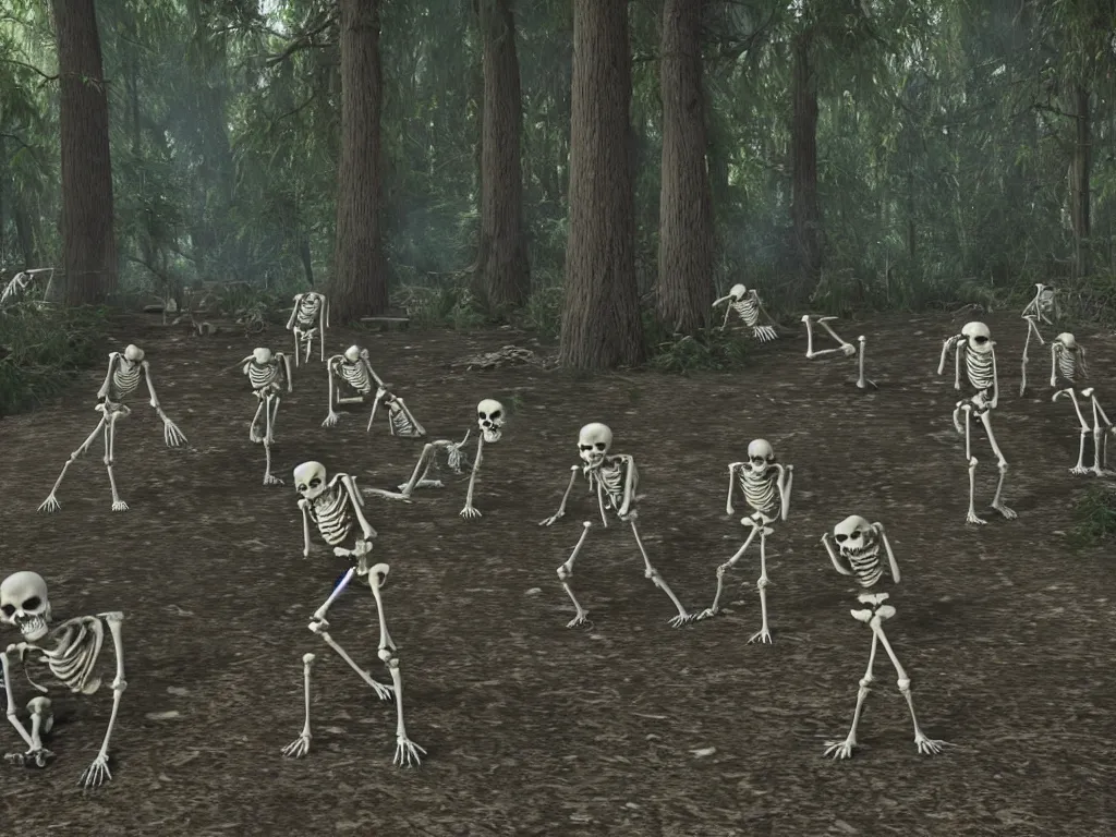 Image similar to frightened screaming human skeletons on amateur home video being attacked by raccoons at night in a dark forest at night, photorealistic amateur photography low camera angle, unreal engine 5 render