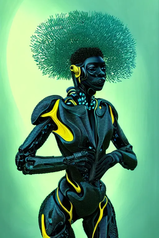 Image similar to hyperrealistic post - maximalist cinematic super expressive! black woman with exoskeleton armor, merging with tree in a forest, highly detailed digital art masterpiece, smooth cam de leon eric zener dramatic pearlescent soft teal yellow light, ground angle hd 8 k, sharp focus