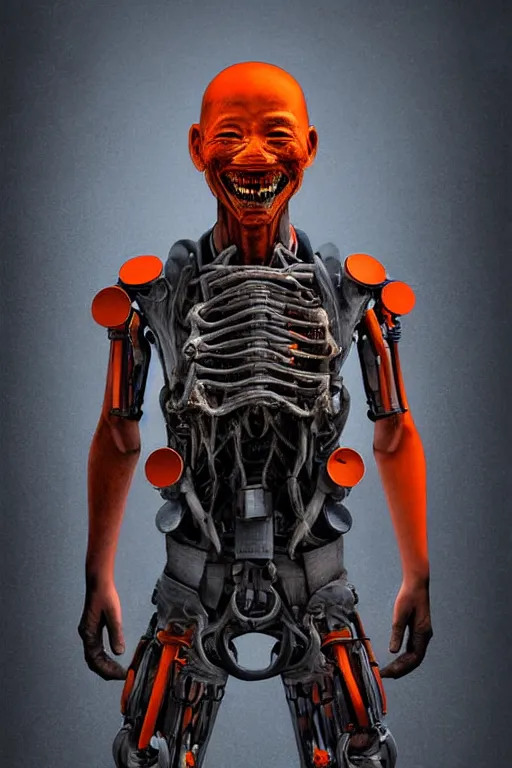 Image similar to hyperrealistic grungy exoskeleton!! smiling chinese man covered highly detailed concept art eric zener elson peter cinematic hard orange lighting high angle hd 8k sharp shallow depth of field