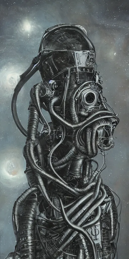 Prompt: eldritch astronaut, by giger, dynamic composition, dramatic lighting, hyperrealistic, ultra detailed, nitro colors