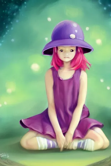 Image similar to a little girl wearing a mushroom hat in dress sitting | | purple curvy hair, pretty face, fine details, digial art by lois van baarle and rhads, anatomically correct, perfect composition, symmetrical, fantastic, clean details, anime character, extremely detailed