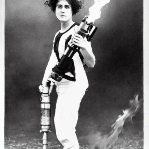 Image similar to old black and white photo, 1 9 1 3, depicting ellen ripley carrying a flamethrower, historical record