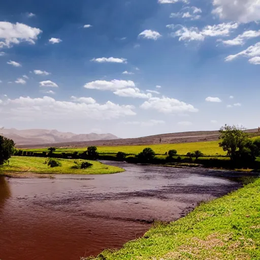 Image similar to landscape, river made of karak, with cows grazing, wide shot, photo