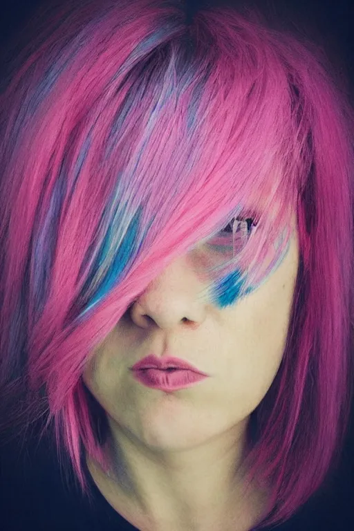 Prompt: “portrait of a depressed female multi-millionaire, pink and blue hair, surrealist”
