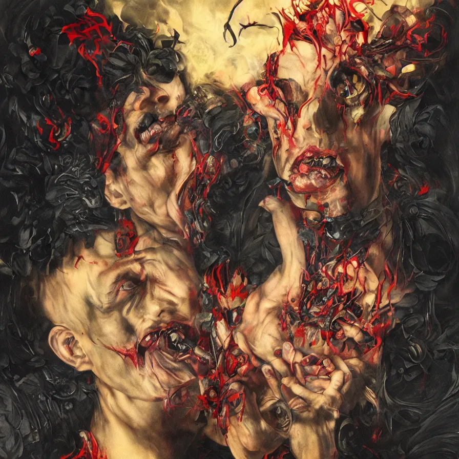 Image similar to male portrait of satan eating babies and puking blood, surrounded by black flowers, art by francis bacon, karol bak, james jean, tom bagshaw, rococo, trending on artstation, cinematic lighting, hyper realism, dramatic, emotional, octane render, 8 k, hyper detailed.