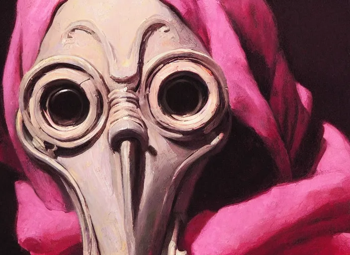 Prompt: a highly detailed beautiful portrait of a pink plague doctor, by gregory manchess, james gurney, james jean