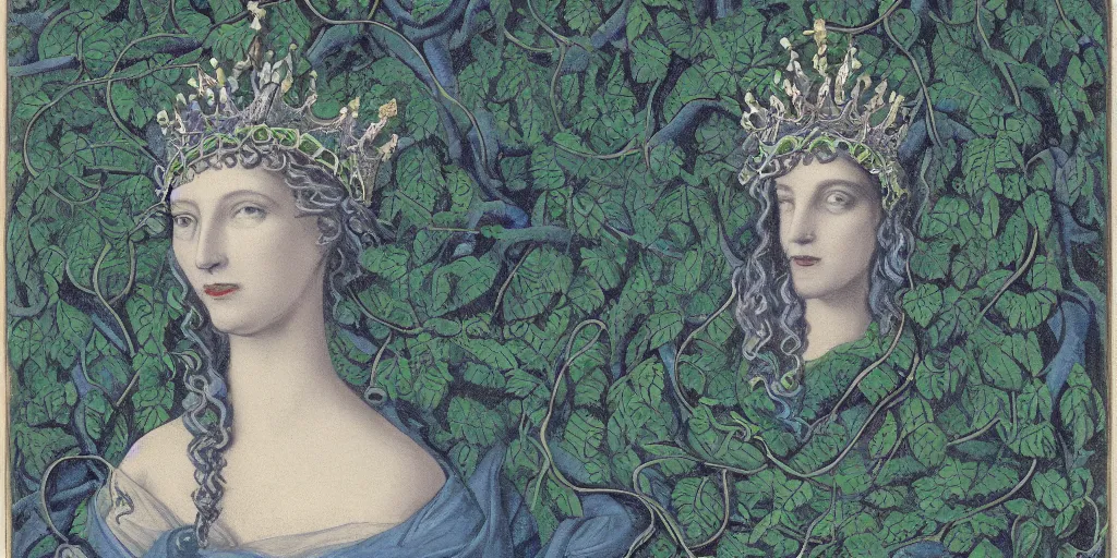 Image similar to portrait of the queen of snakes, pale blue, emerald, sapphire, wearing a crown of vines, moonlit