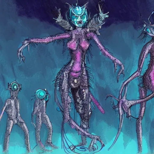 Prompt: concept art sketch of a cyberpunk insectoid underwater monster queen and her minions