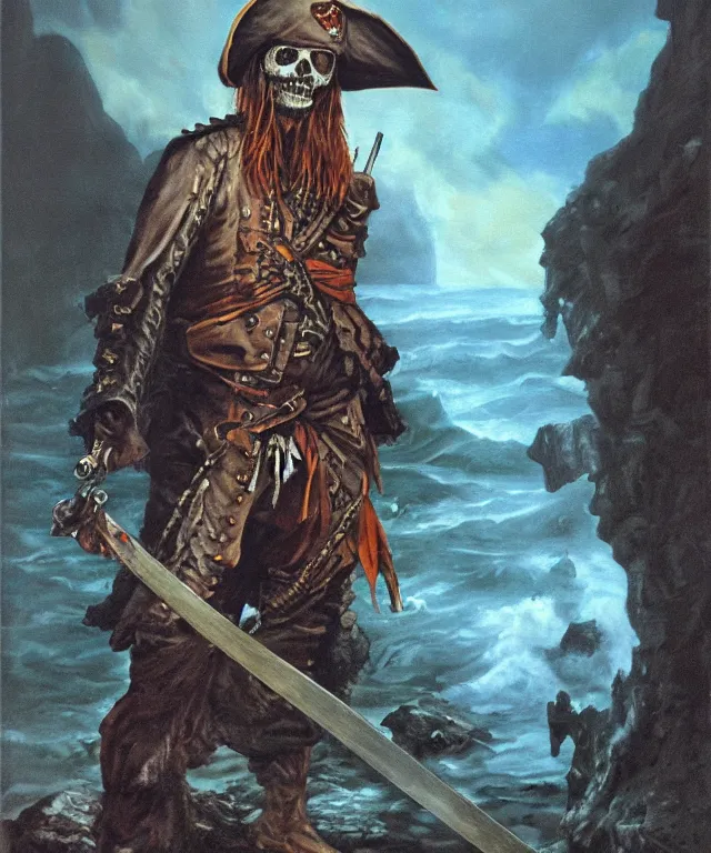 Image similar to ultra realistic color portrait painting of an undead 1 7 th century pirate with a sword in a grotto, dark, painted, brooding, atmospheric, seascape, horror, smooth, epic, highly detailed, cinematic, by larry elmore