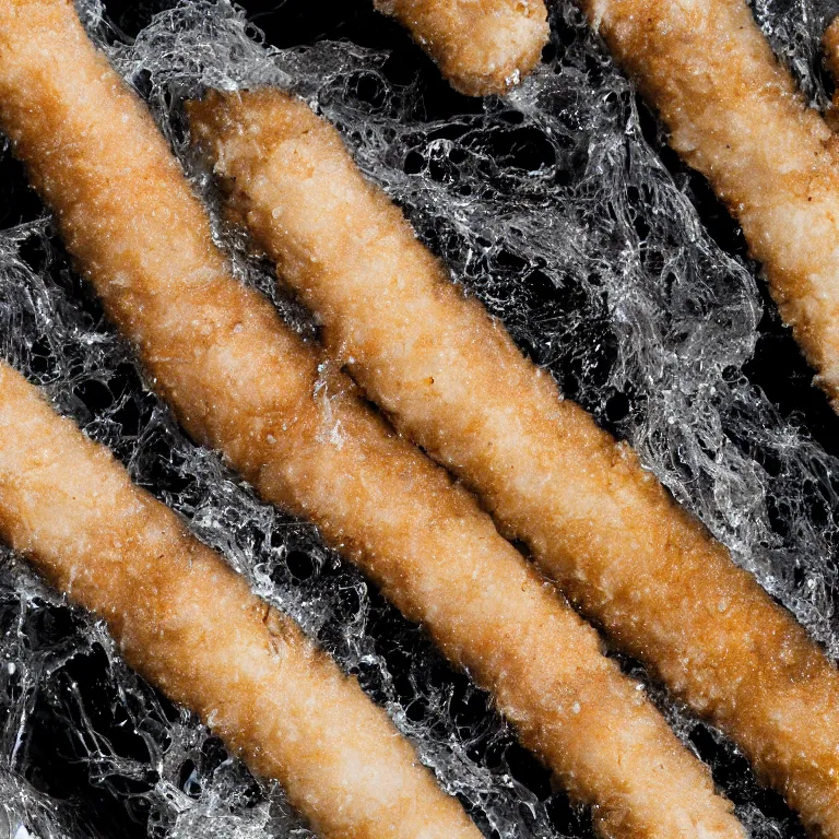 Prompt: Soaking wet soggy fish stick drenched with a stream water from a faucet on a moist wet plate. Very wet delicious fish sticks with specular highlights. Water drips from the wet fish sticks. Macro lens close up shot 8K food commercial shot award winning