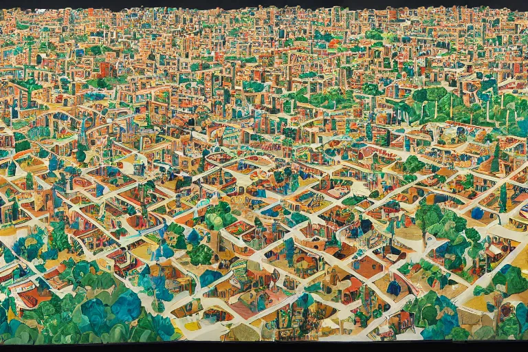 Image similar to an elaborate and dense painting of a future neighborhood, made of alcohol ink on parchment, by wes anderson and geoff darrow