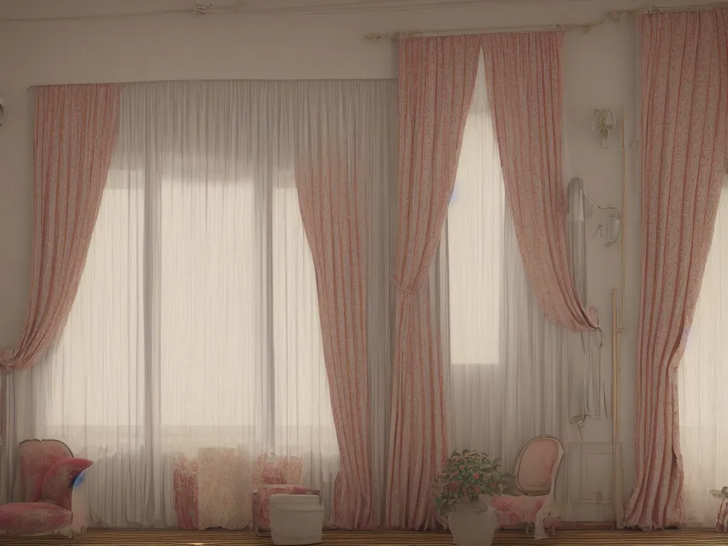 Image similar to 3D render of vintage interior house with very large curtains , High detail, Octane Render, faded colors, pastel colors , lens 35mm, f 8,