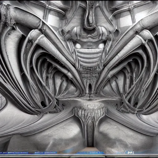 Image similar to HYPER REALISTIC VFX SIMULATION of one of H.R GIGER'S works, INTRICATELY DETAILED 3D OCTANE RENDER