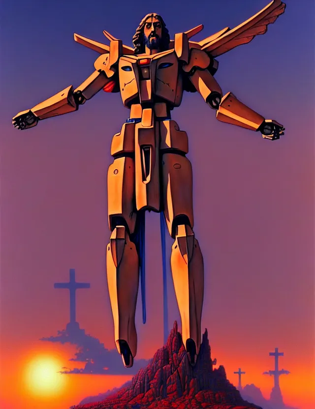 Prompt: a giant statue of jesus on the cross mecha gundam, tim hildebrandt, wayne barlowe, bruce pennington, donato giancola, trending on artstation, cinematic composition, beautiful lighting, hyper detailed, 8 k, oil on canvas