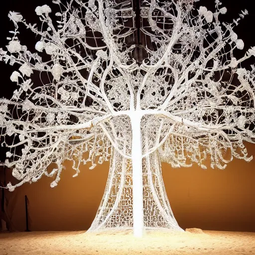 Prompt: an intricate white tree with mechanical flowers inside an intricate cage, suspended in the air above a street of a megalopolis made of sand and glass