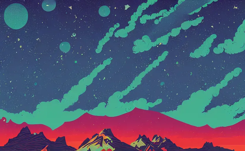 Prompt: mountains, stars and paisley filled sky, artstation, intricate, highly detailed, digital painting, concept art, sharp focus, illustration by tom whalen and charles williams and kilian eng and james jean