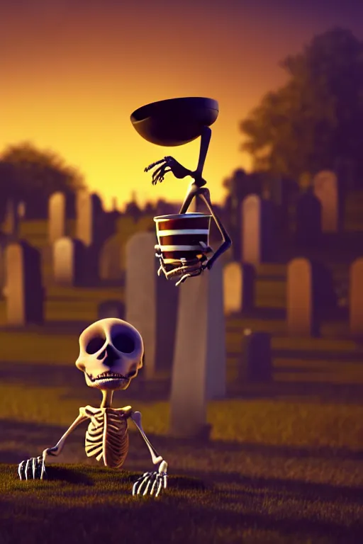 Prompt: a small skeleton character with big round eyes holding a cup of coffee on a cemetery at night. pixar disney 4 k 3 d render movie oscar winning trending on artstation and behance. ratatouille style.