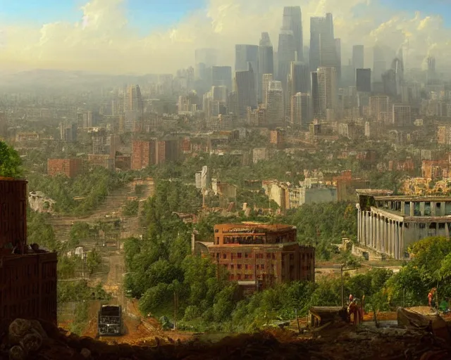 Image similar to a highly detailed painting of a post apocalyptic downtown la in the style of thomas cole