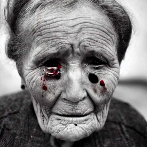 Prompt: a photograph of the beautiful face of a very old woman looking up into the camera, with blood tears