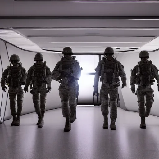 Prompt: a squad of futuristic soldiers in a spaceship hallway