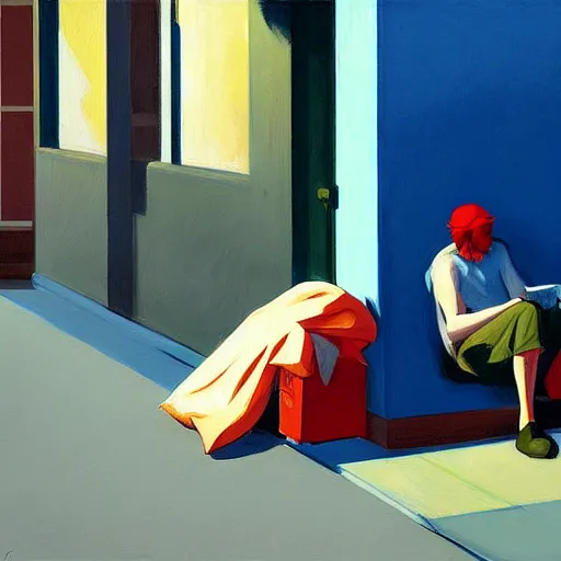 Image similar to painting of a homeless person. by edward hopper and james gilleard