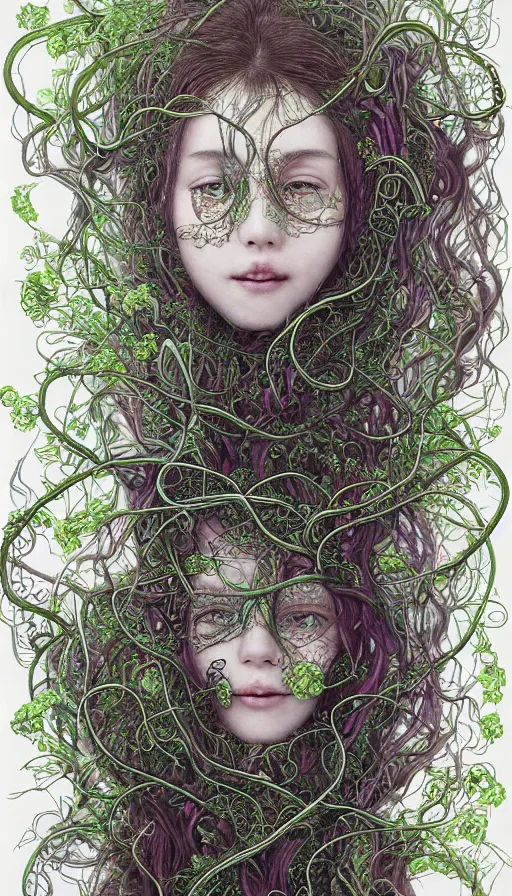 Image similar to very detailed portrait of a 2 0 years old girl surrounded by tentacles, the youg woman visage is blooming from fractal and vines, by yoshitaka amano,