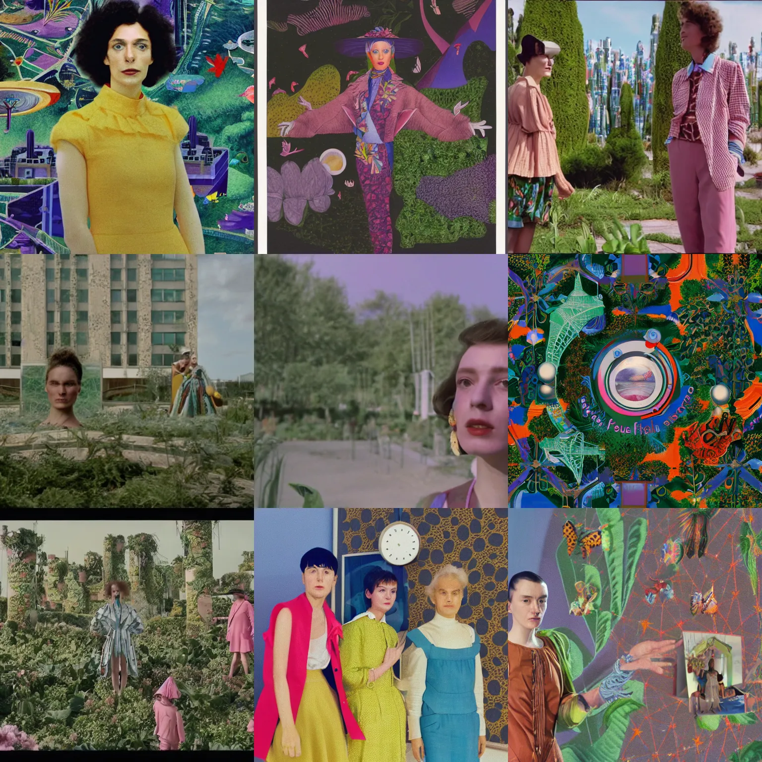 Prompt: non binary future world, sustainable cities in a harmonious coexistence, the fashion of the time, super 8 portrait by maria sibylla merian, derek jarman, barbara hammer 4 k, 8 k