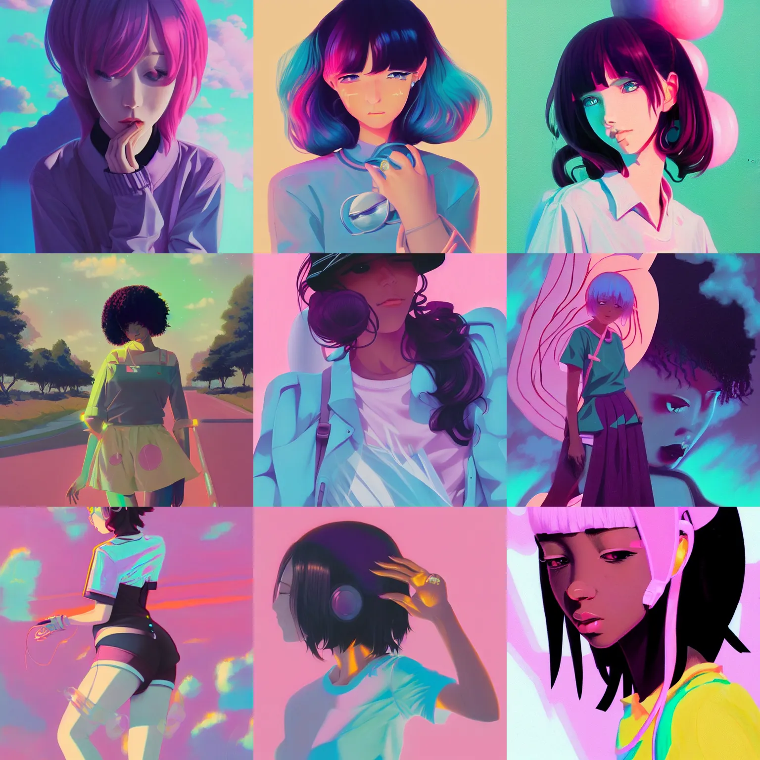 Image similar to retro 9 0 s, lofi girl aesthetic, black girl, pastel, vaporwave colors, anime, futuristic, hyperrealistic painting, by stanley twardowicz, ilya kuvshinov, rossdraws