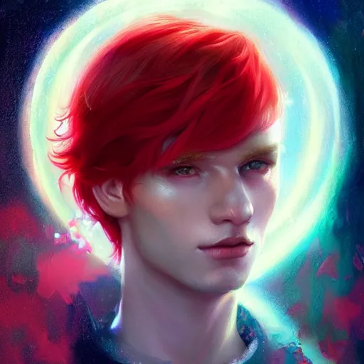 Image similar to colorful and Festive Captivating Fairy boy with red hair portrait, atmospheric lighting, painted, intricate, highly detailed by Charlie Bowater