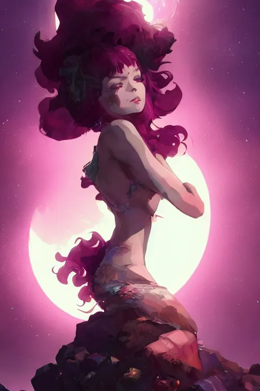 Image similar to A beautiful woman with magenta hair covering an eye basking in the moonlight on a bed of obsidian crystals below planets, tall tree, cinematic lighting, dramatic atmosphere, by Dustin Nguyen, Akihiko Yoshida, Greg Tocchini, Greg Rutkowski, Cliff Chiang, 4k resolution, trending on artstation