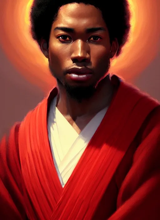 Prompt: photographic portrait of an handsome young black man with an afro and red eyes in a kimono, atmospheric lighting, elegant, highly detailed, digital painting, artstation, concept art, sharp focus, star wars, illustration, art by artgerm and greg rutkowski