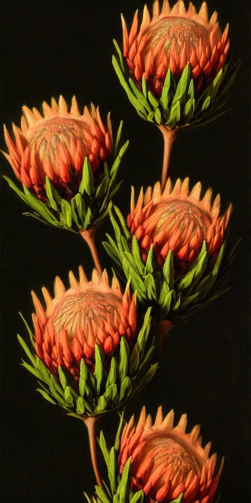 Image similar to detailed king proteas and pincushions against a black backdrop by thomas cole, artstation