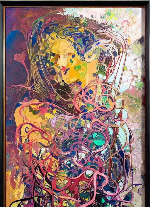 Prompt: abstract expressionism oil painting intertwined with a mutant biomorphic biological human structure, spray paint texture, drips, impasto paint, 3 d graffiti texture, brushstrokes, abstract, highly detailed, hyperealistic fresh paint, harmonious, chaotic, colorfull, in the style of alphonse mucha