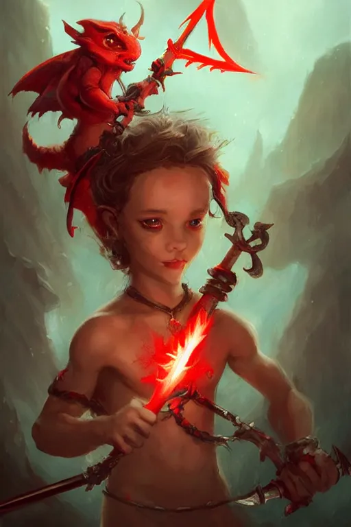 Image similar to cute little red demon with a trident with fire , tiny, small, miniature , short, cute and adorable, pretty, beautiful, DnD character art portrait, matte fantasy painting, DeviantArt Artstation, by Jason Felix by Steve Argyle by Tyler Jacobson by Peter Mohrbacher, cinematic lighting