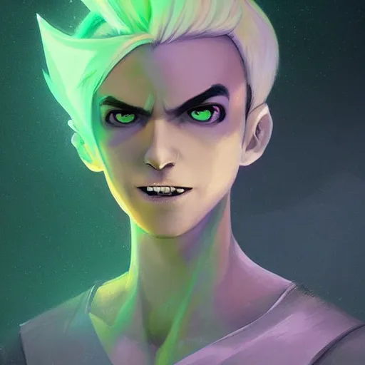 Prompt: A digital matte intricate illustration concept art of young Danny phantom with snow white hair and glowing green eyes and pointy sharp teeth fangs alt art fashion inspired art by Charlie Bowater and WLOP and Mark Arian and Ross Tran + neon colors, symmetry , intricate complexity, epic composition, magical atmosphere, highly detailed, cinematic lighting + masterpiece, trending on artstation + 8k