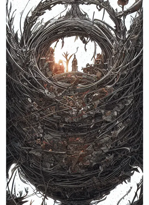 Prompt: crows nest like a wreath, cruelty, black crows, light effect, hyper detailed, intricate, elegant, highly detailed, digital painting, artstation, concept art, matte, sharp focus, illustration, by dan mumford, yusuke murata, makoto shinkai, ross tran