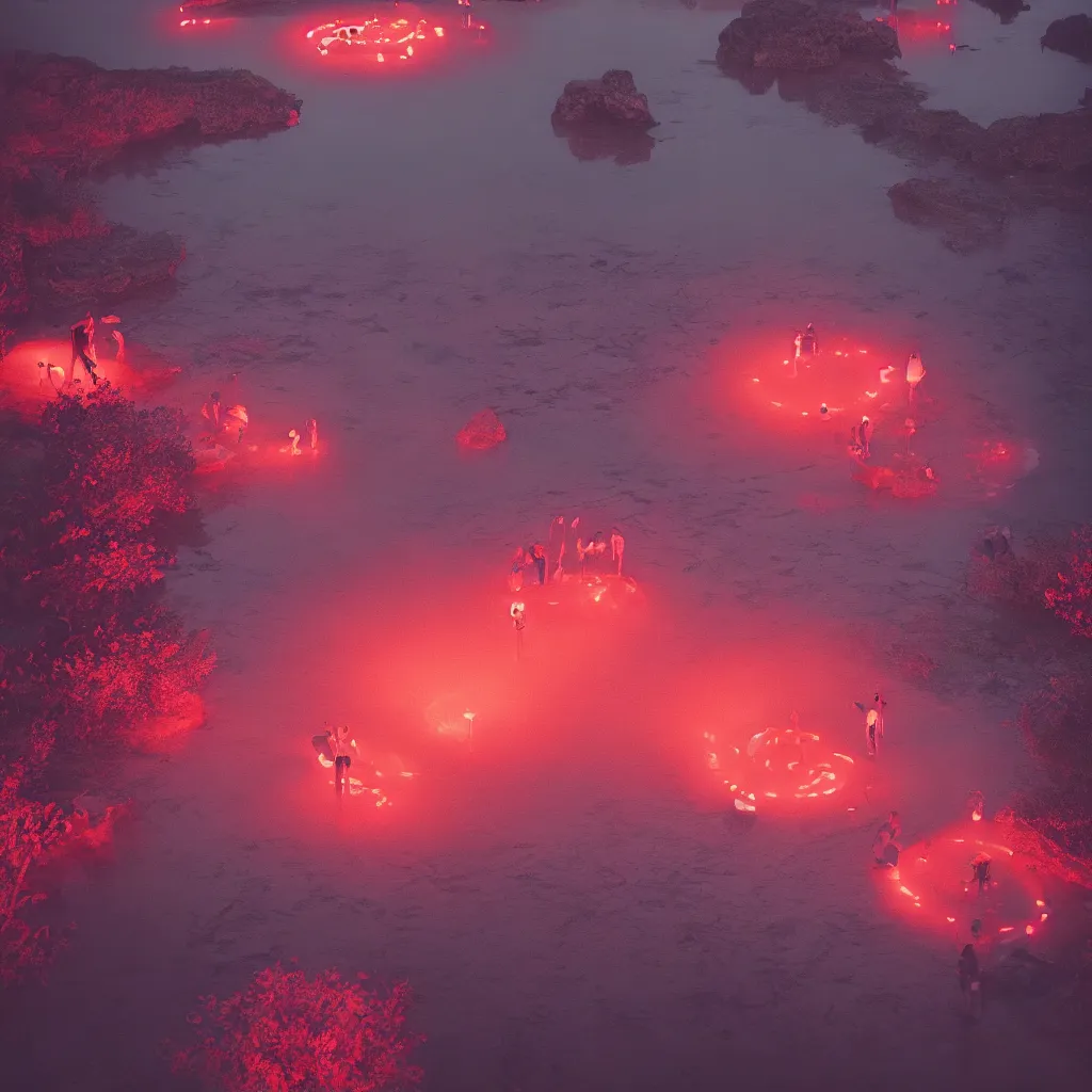 Image similar to rave in the red pond at night, light art, photo by reuben wu, jenni pasanen, epic composition, hd, octane, volumetric lighting, masterpiece,